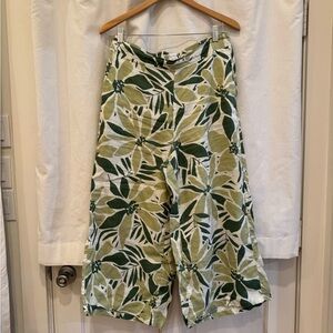 Nicole Miller Olive and Cream Leaf Print Linen Pants
